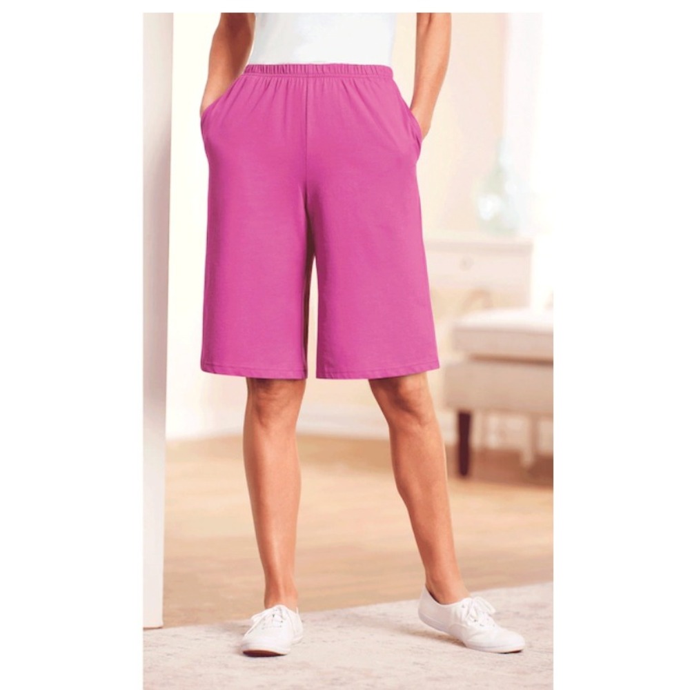 Easy Essentials Womens 3X Pink Cotton Knit Elastic Waist Pocket Shorts